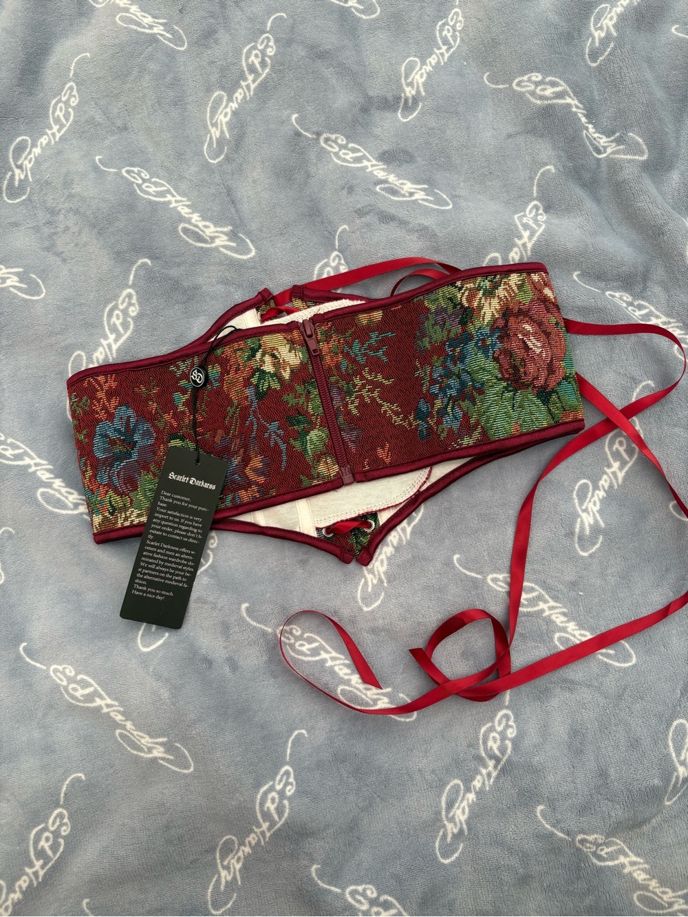 Floral Brocade Lace-Up Waist Cincher - - Red/Green - Picture 2 of 3